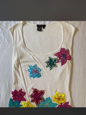 BCBGMaxAzria Cream Scoop Neck Tank with Multicolor Floral Appliqués